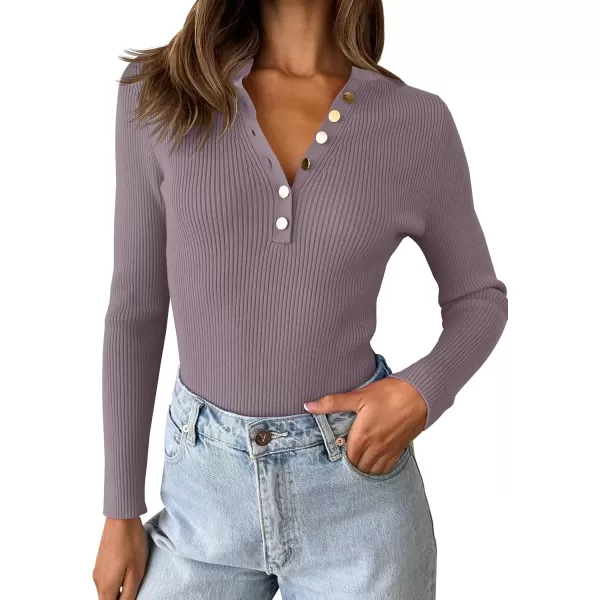 imageZESICA Womens 2024 Long Sleeve Button Down V Neck Slim Fitted T Shirts Fall Casual Ribbed Knit Basic Tee TopsTaro