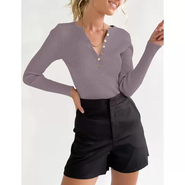 imageZESICA Womens 2024 Long Sleeve Button Down V Neck Slim Fitted T Shirts Fall Casual Ribbed Knit Basic Tee TopsTaro