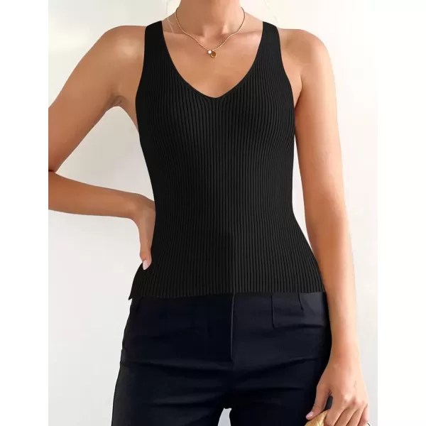 imageZESICA Womens 2024 Ribbed Tank Tops Summer Sleeveless V Neck Shirts Casual Sexy Slim Fitted Basic Knit TeesBlack