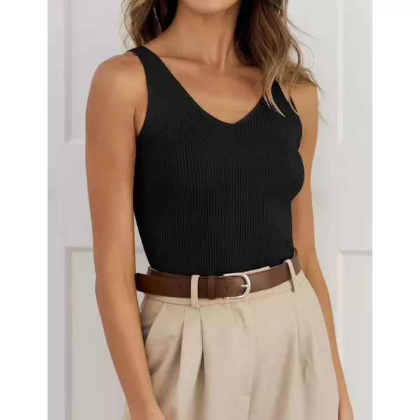 imageZESICA Womens 2024 Ribbed Tank Tops Summer Sleeveless V Neck Shirts Casual Sexy Slim Fitted Basic Knit TeesBlack