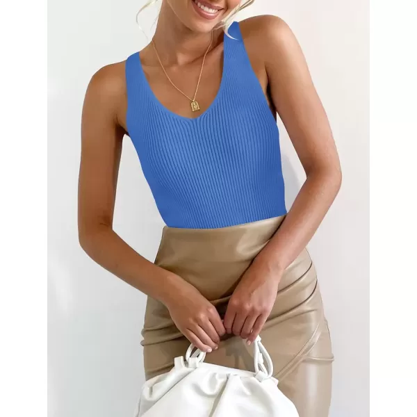 imageZESICA Womens 2024 Ribbed Tank Tops Summer Sleeveless V Neck Shirts Casual Sexy Slim Fitted Basic Knit TeesCobalt