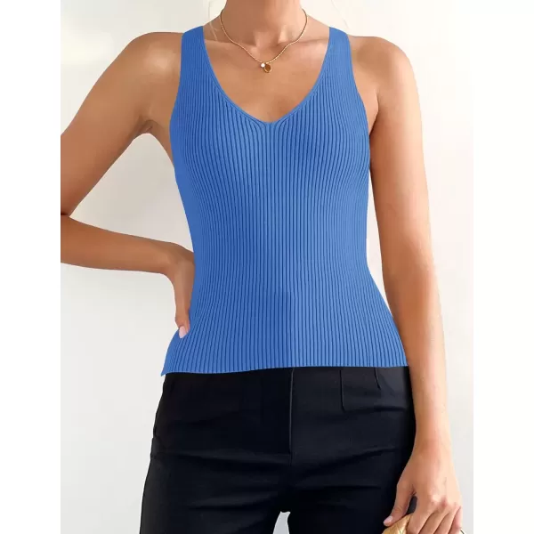 imageZESICA Womens 2024 Ribbed Tank Tops Summer Sleeveless V Neck Shirts Casual Sexy Slim Fitted Basic Knit TeesCobalt