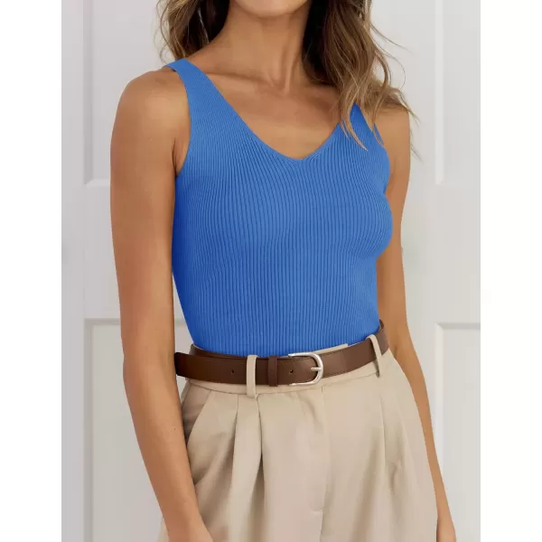 imageZESICA Womens 2024 Ribbed Tank Tops Summer Sleeveless V Neck Shirts Casual Sexy Slim Fitted Basic Knit TeesCobalt