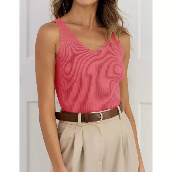 imageZESICA Womens 2024 Ribbed Tank Tops Summer Sleeveless V Neck Shirts Casual Sexy Slim Fitted Basic Knit TeesCoral