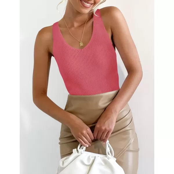imageZESICA Womens 2024 Ribbed Tank Tops Summer Sleeveless V Neck Shirts Casual Sexy Slim Fitted Basic Knit TeesCoral