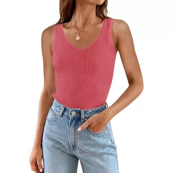 imageZESICA Womens 2024 Ribbed Tank Tops Summer Sleeveless V Neck Shirts Casual Sexy Slim Fitted Basic Knit TeesCoral