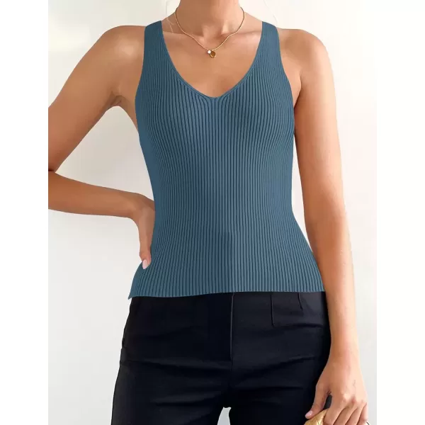 imageZESICA Womens 2024 Ribbed Tank Tops Summer Sleeveless V Neck Shirts Casual Sexy Slim Fitted Basic Knit TeesDarkblue