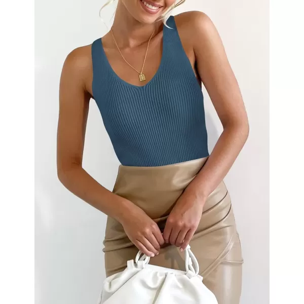imageZESICA Womens 2024 Ribbed Tank Tops Summer Sleeveless V Neck Shirts Casual Sexy Slim Fitted Basic Knit TeesDarkblue