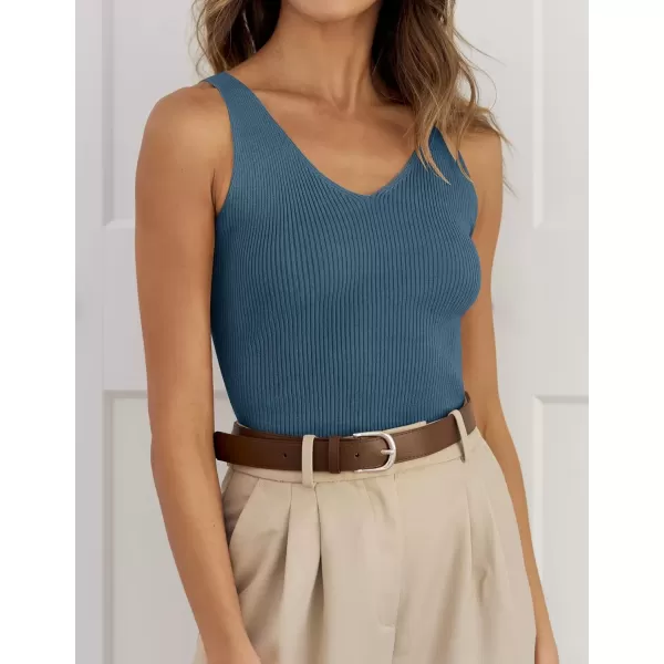 imageZESICA Womens 2024 Ribbed Tank Tops Summer Sleeveless V Neck Shirts Casual Sexy Slim Fitted Basic Knit TeesDarkblue