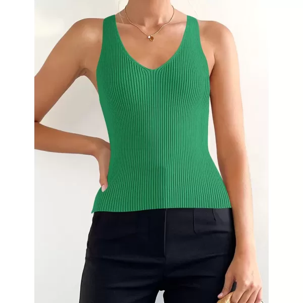 imageZESICA Womens 2024 Ribbed Tank Tops Summer Sleeveless V Neck Shirts Casual Sexy Slim Fitted Basic Knit TeesGreen
