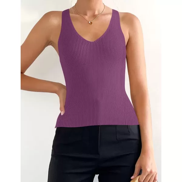 imageZESICA Womens 2024 Ribbed Tank Tops Summer Sleeveless V Neck Shirts Casual Sexy Slim Fitted Basic Knit TeesPurple