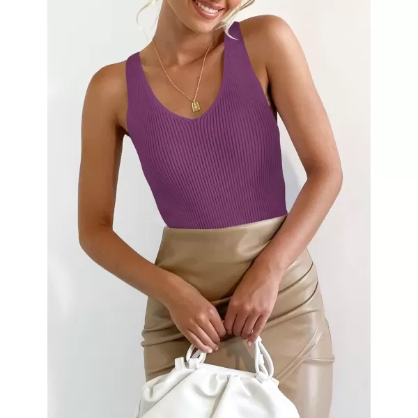 imageZESICA Womens 2024 Ribbed Tank Tops Summer Sleeveless V Neck Shirts Casual Sexy Slim Fitted Basic Knit TeesPurple