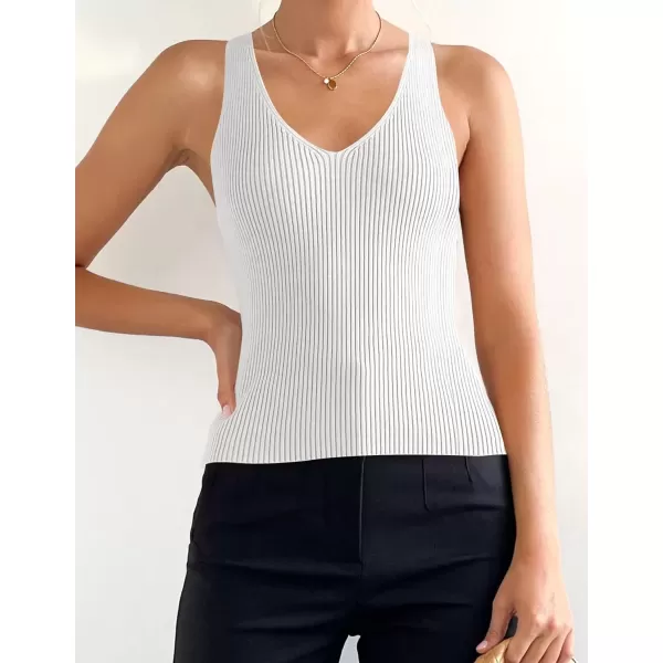 imageZESICA Womens 2024 Ribbed Tank Tops Summer Sleeveless V Neck Shirts Casual Sexy Slim Fitted Basic Knit TeesWhite