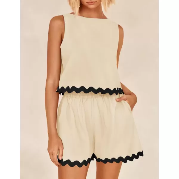 imageZESICA Womens 2024 Summer 2 Piece Outfits Set Linen Lace Trim Crewneck Tank Crop Top and Shorts Lounge Pajama SetsApricot