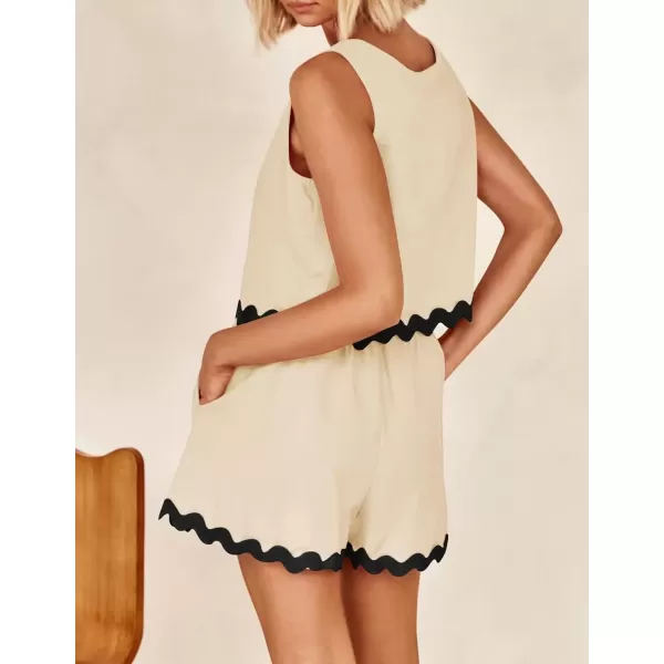 imageZESICA Womens 2024 Summer 2 Piece Outfits Set Linen Lace Trim Crewneck Tank Crop Top and Shorts Lounge Pajama SetsApricot
