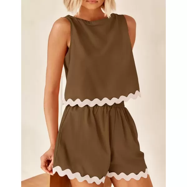 imageZESICA Womens 2024 Summer 2 Piece Outfits Set Linen Lace Trim Crewneck Tank Crop Top and Shorts Lounge Pajama SetsCoffee