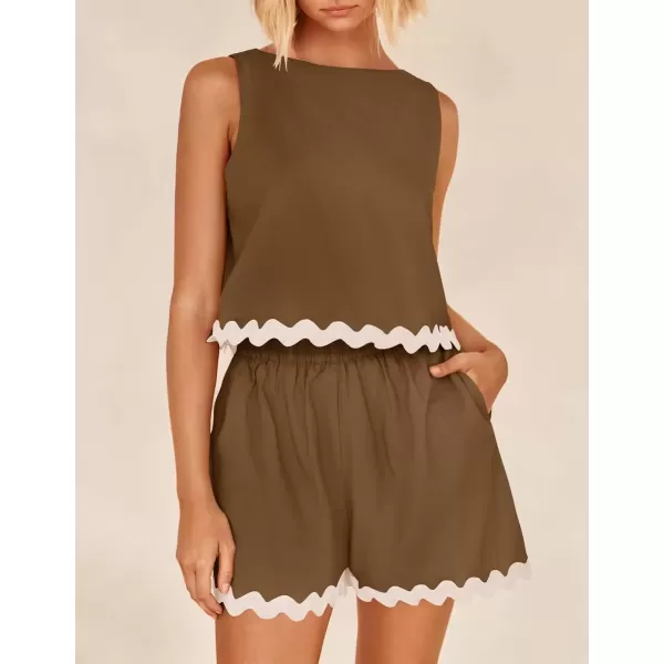imageZESICA Womens 2024 Summer 2 Piece Outfits Set Linen Lace Trim Crewneck Tank Crop Top and Shorts Lounge Pajama SetsCoffee