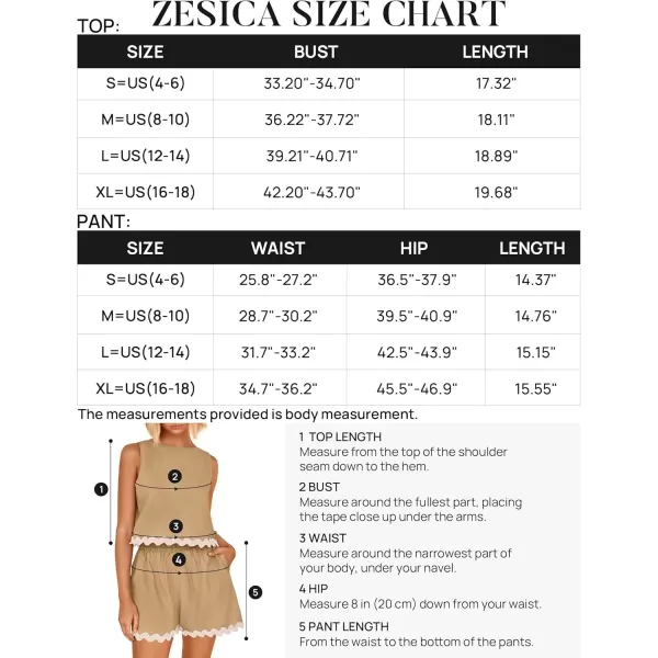 imageZESICA Womens 2024 Summer 2 Piece Outfits Set Linen Lace Trim Crewneck Tank Crop Top and Shorts Lounge Pajama SetsKhaki