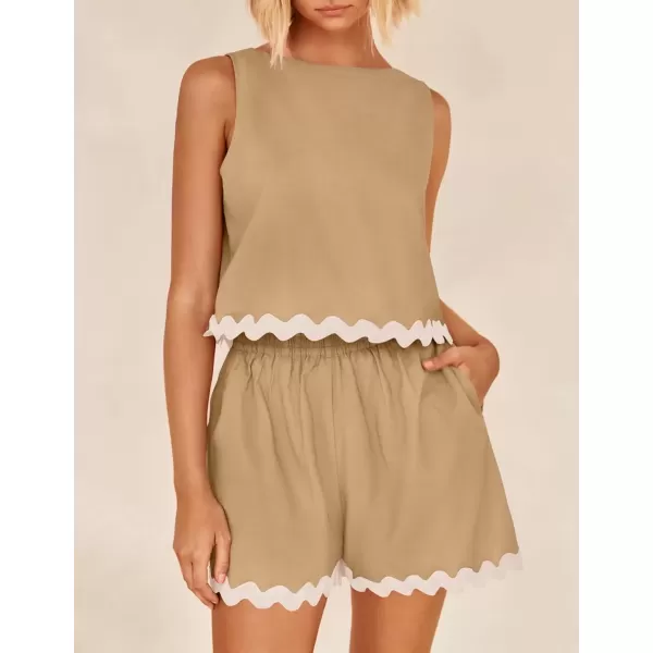 imageZESICA Womens 2024 Summer 2 Piece Outfits Set Linen Lace Trim Crewneck Tank Crop Top and Shorts Lounge Pajama SetsKhaki