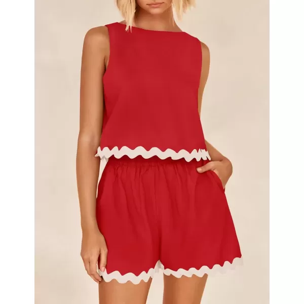 imageZESICA Womens 2024 Summer 2 Piece Outfits Set Linen Lace Trim Crewneck Tank Crop Top and Shorts Lounge Pajama SetsRed