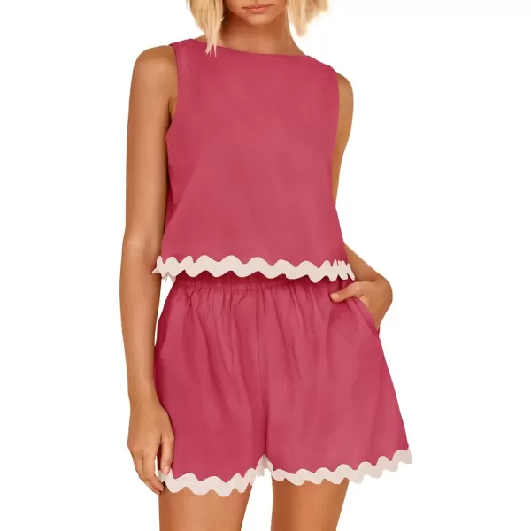 imageZESICA Womens 2024 Summer 2 Piece Outfits Set Linen Lace Trim Crewneck Tank Crop Top and Shorts Lounge Pajama SetsRose