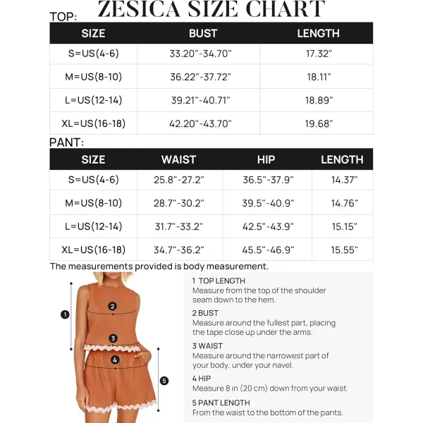 imageZESICA Womens 2024 Summer 2 Piece Outfits Set Linen Lace Trim Crewneck Tank Crop Top and Shorts Lounge Pajama SetsRust