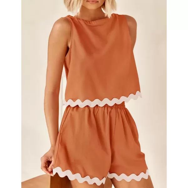 imageZESICA Womens 2024 Summer 2 Piece Outfits Set Linen Lace Trim Crewneck Tank Crop Top and Shorts Lounge Pajama SetsRust