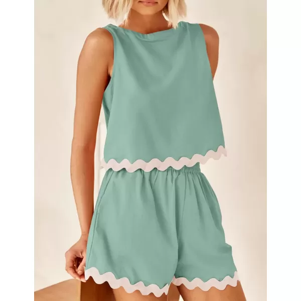 imageZESICA Womens 2024 Summer 2 Piece Outfits Set Linen Lace Trim Crewneck Tank Crop Top and Shorts Lounge Pajama SetsSage