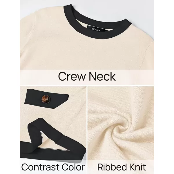 imageZESICA Womens Fall Sweaters 2024 Long Sleeve Crewneck Knit Color Block Lightweight Pullover Tops ClothesApricot