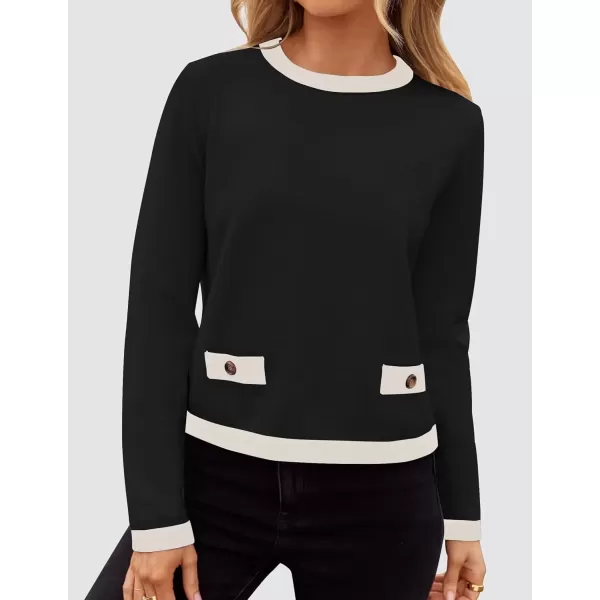 imageZESICA Womens Fall Sweaters 2024 Long Sleeve Crewneck Knit Color Block Lightweight Pullover Tops ClothesBlack