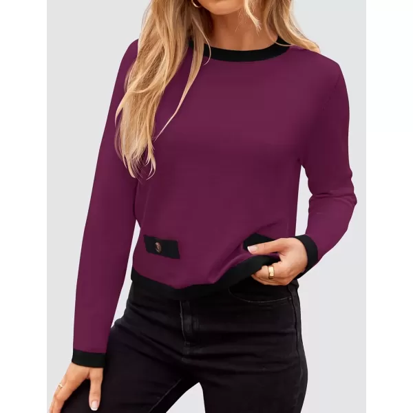 imageZESICA Womens Fall Sweaters 2024 Long Sleeve Crewneck Knit Color Block Lightweight Pullover Tops ClothesEggplant
