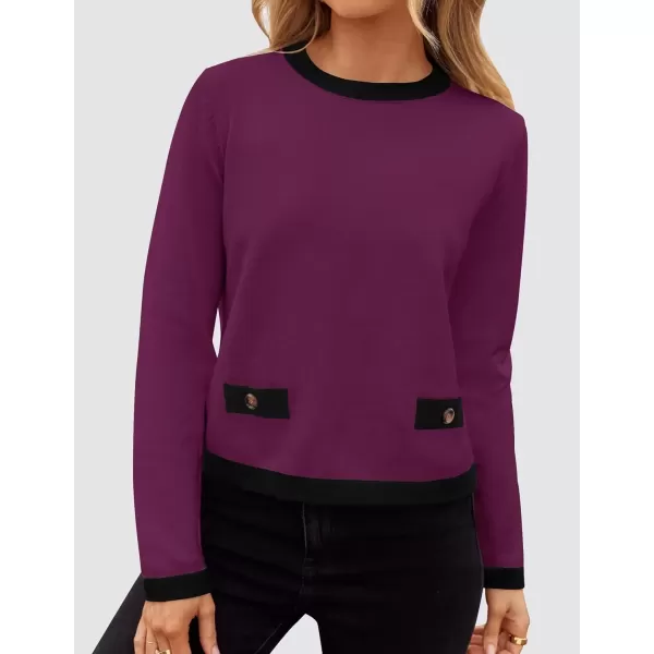 imageZESICA Womens Fall Sweaters 2024 Long Sleeve Crewneck Knit Color Block Lightweight Pullover Tops ClothesEggplant