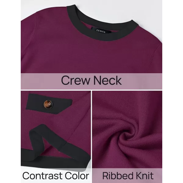 imageZESICA Womens Fall Sweaters 2024 Long Sleeve Crewneck Knit Color Block Lightweight Pullover Tops ClothesEggplant