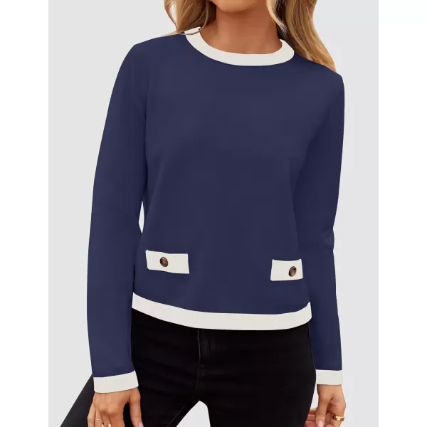 imageZESICA Womens Fall Sweaters 2024 Long Sleeve Crewneck Knit Color Block Lightweight Pullover Tops ClothesNavy