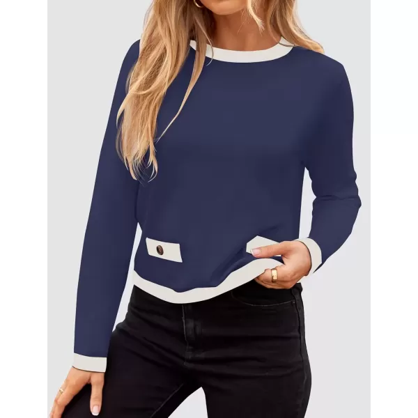 imageZESICA Womens Fall Sweaters 2024 Long Sleeve Crewneck Knit Color Block Lightweight Pullover Tops ClothesNavy