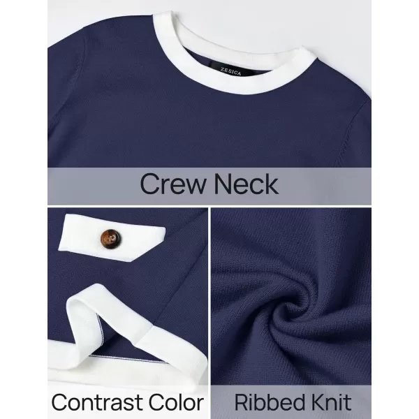 imageZESICA Womens Fall Sweaters 2024 Long Sleeve Crewneck Knit Color Block Lightweight Pullover Tops ClothesNavy