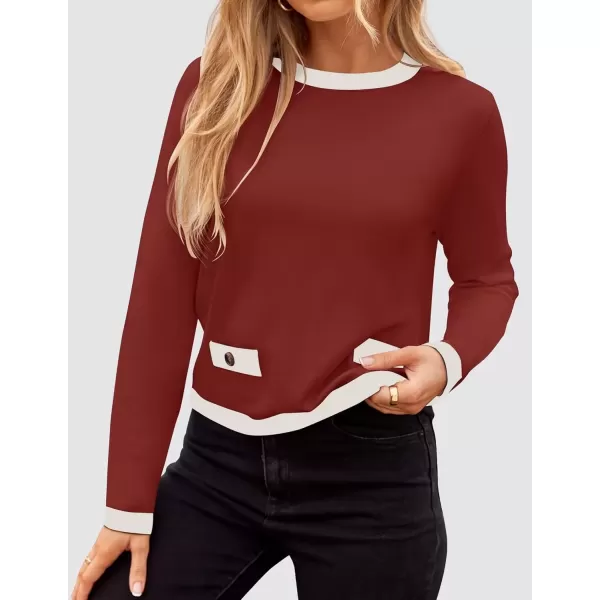 imageZESICA Womens Fall Sweaters 2024 Long Sleeve Crewneck Knit Color Block Lightweight Pullover Tops ClothesRust