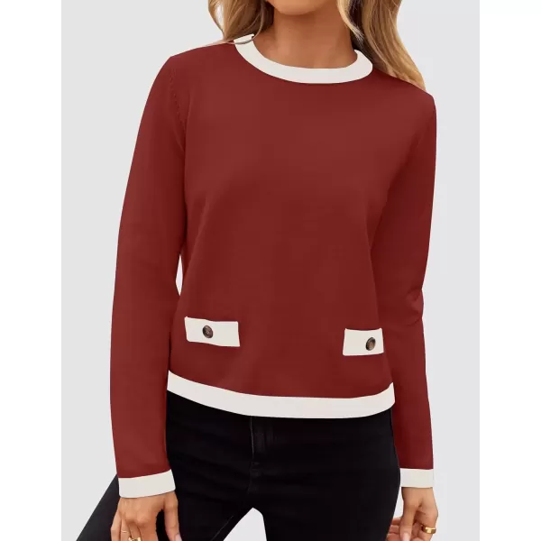 imageZESICA Womens Fall Sweaters 2024 Long Sleeve Crewneck Knit Color Block Lightweight Pullover Tops ClothesRust