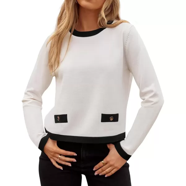 imageZESICA Womens Fall Sweaters 2024 Long Sleeve Crewneck Knit Color Block Lightweight Pullover Tops ClothesWhite