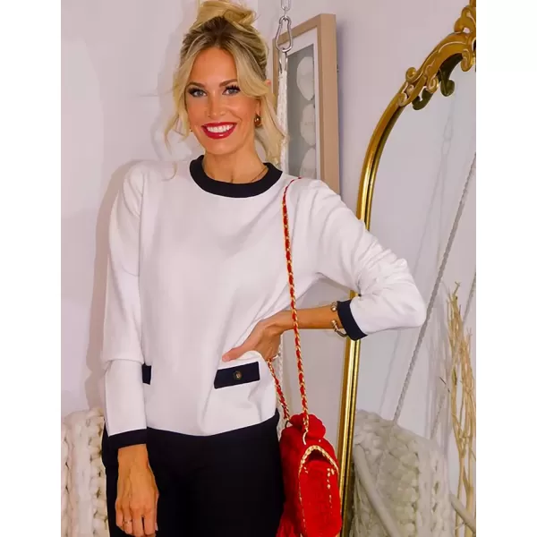 imageZESICA Womens Fall Sweaters 2024 Long Sleeve Crewneck Knit Color Block Lightweight Pullover Tops ClothesWhite