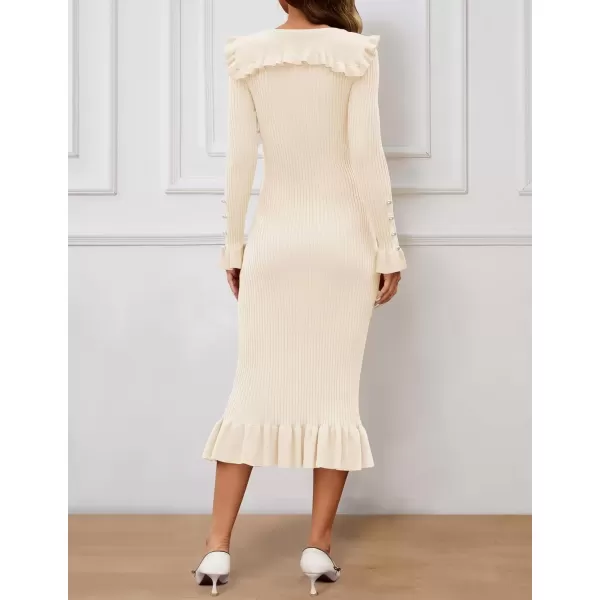 imageZESICA Womens Long Sleeve Sweater Dress 2024 Fall Lapel Collar Button Elegant Casual Midi Bodycon DressesApricot