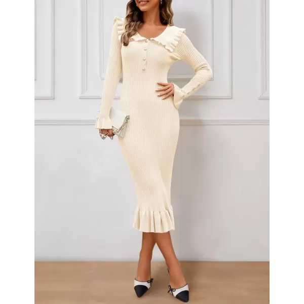 imageZESICA Womens Long Sleeve Sweater Dress 2024 Fall Lapel Collar Button Elegant Casual Midi Bodycon DressesApricot