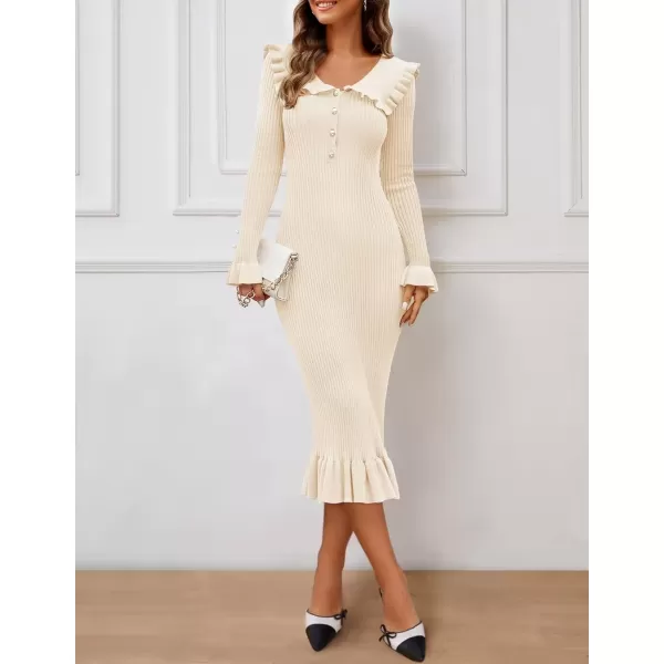 imageZESICA Womens Long Sleeve Sweater Dress 2024 Fall Lapel Collar Button Elegant Casual Midi Bodycon DressesApricot