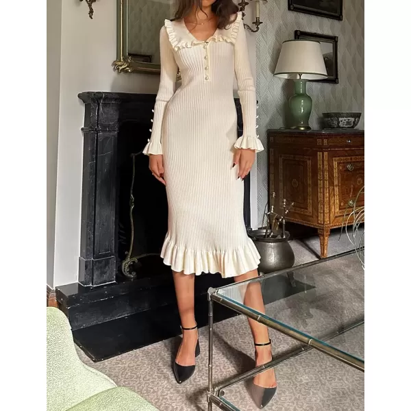 imageZESICA Womens Long Sleeve Sweater Dress 2024 Fall Lapel Collar Button Elegant Casual Midi Bodycon DressesApricot