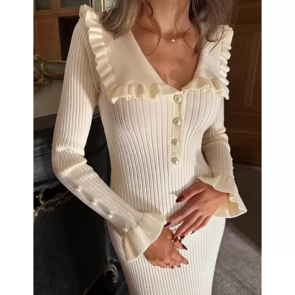 imageZESICA Womens Long Sleeve Sweater Dress 2024 Fall Lapel Collar Button Elegant Casual Midi Bodycon DressesApricot