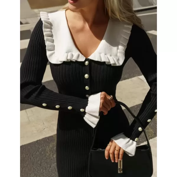imageZESICA Womens Long Sleeve Sweater Dress 2024 Fall Lapel Collar Button Elegant Casual Midi Bodycon DressesBlack