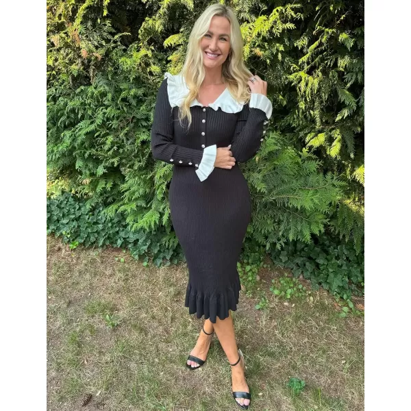 imageZESICA Womens Long Sleeve Sweater Dress 2024 Fall Lapel Collar Button Elegant Casual Midi Bodycon DressesBlack