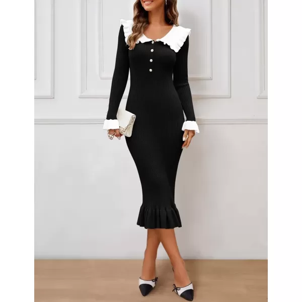 imageZESICA Womens Long Sleeve Sweater Dress 2024 Fall Lapel Collar Button Elegant Casual Midi Bodycon DressesBlack