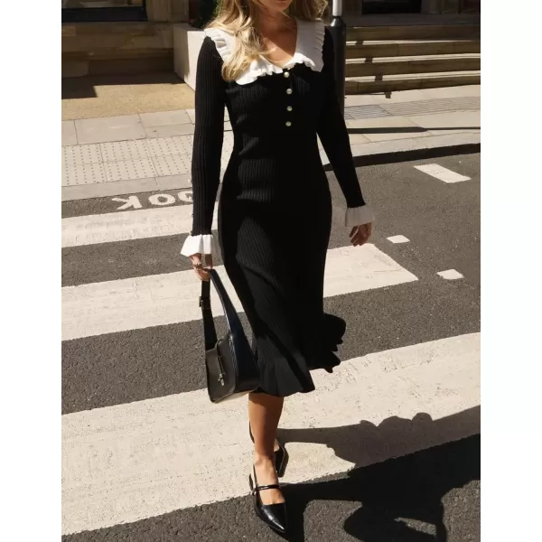 imageZESICA Womens Long Sleeve Sweater Dress 2024 Fall Lapel Collar Button Elegant Casual Midi Bodycon DressesBlack