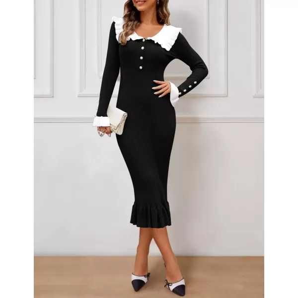 imageZESICA Womens Long Sleeve Sweater Dress 2024 Fall Lapel Collar Button Elegant Casual Midi Bodycon DressesBlack